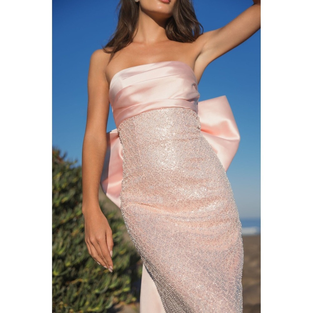 Mac Duggal Blush Pink Strapless Embellished Gown With Back Bow Detail $898 Sz 10 - Picture 3 of 15